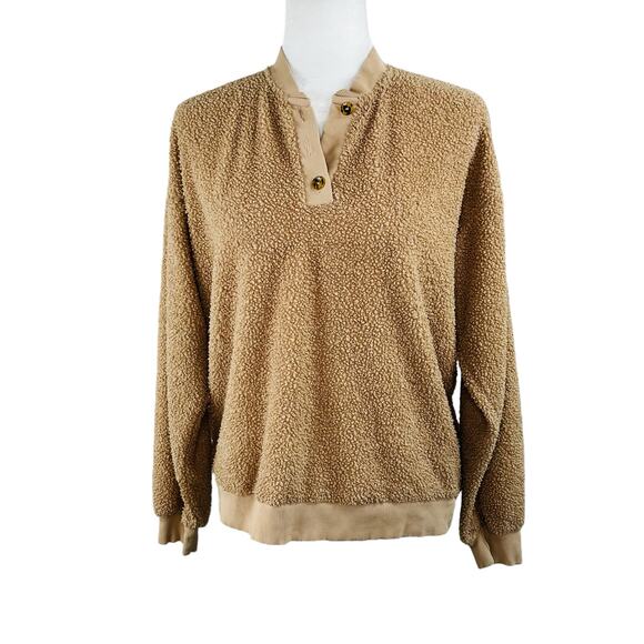 Donni Camel Tan Sherpa Long Sleeve Henley Oversized Pullover Sweatshirt SM/MD - Picture 2 of 14